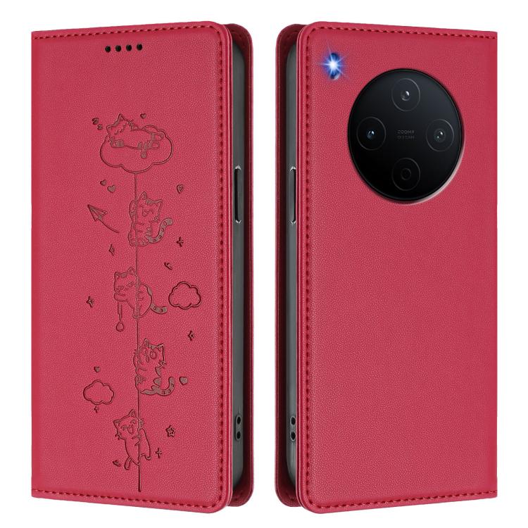 For vivo Y500 Pro 5G Cute Cats Embossed Magnetic RFID Vegan Leather Phone Case
