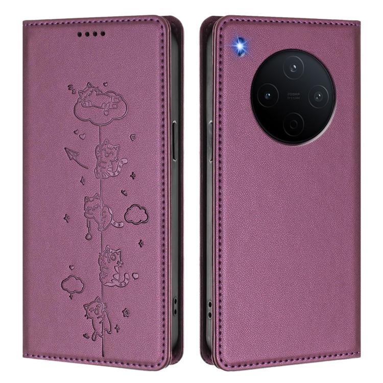 For vivo Y500 Pro 5G Cute Cats Embossed Magnetic RFID Vegan Leather Phone Case