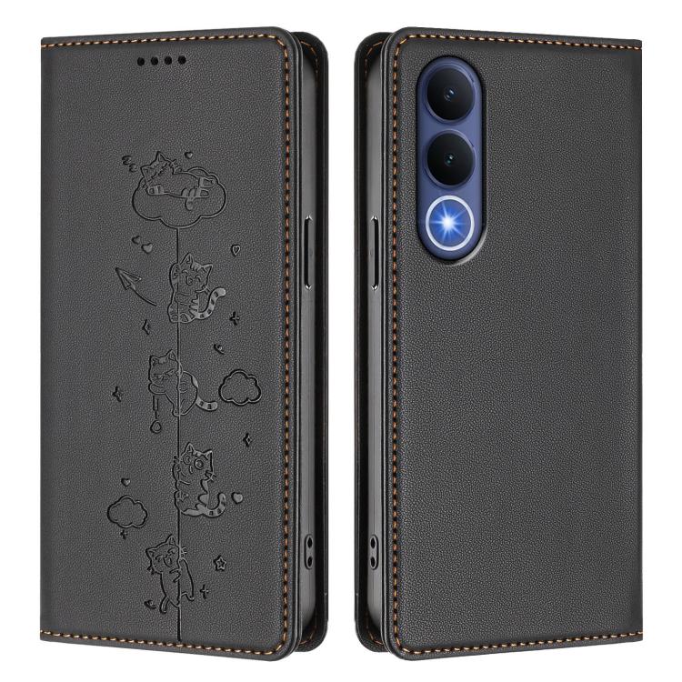 For vivo V70 FE 5G Cute Cats Embossed Magnetic RFID Vegan Leather Phone Case