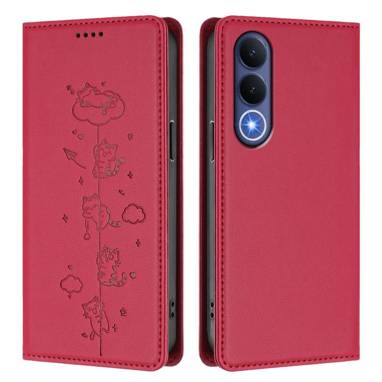 For vivo V70 FE 5G Cute Cats Embossed Magnetic RFID Vegan Leather Phone Case