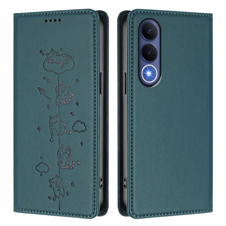 For vivo V70 FE 5G Cute Cats Embossed Magnetic RFID Vegan Leather Phone Case