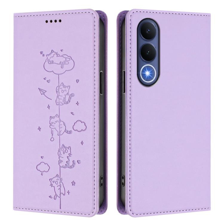 For vivo V70 FE 5G Cute Cats Embossed Magnetic RFID Vegan Leather Phone Case