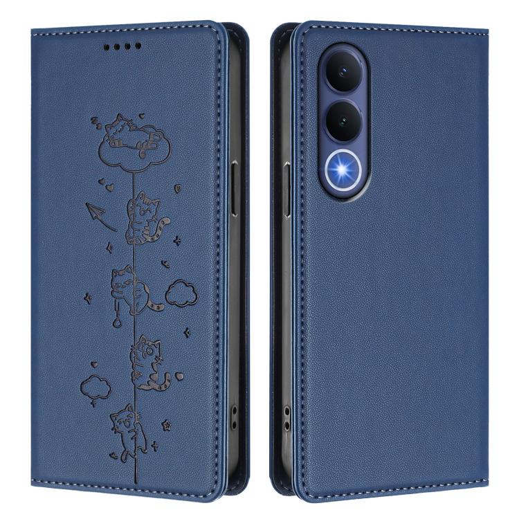For vivo V70 FE 5G Cute Cats Embossed Magnetic RFID Vegan Leather Phone Case
