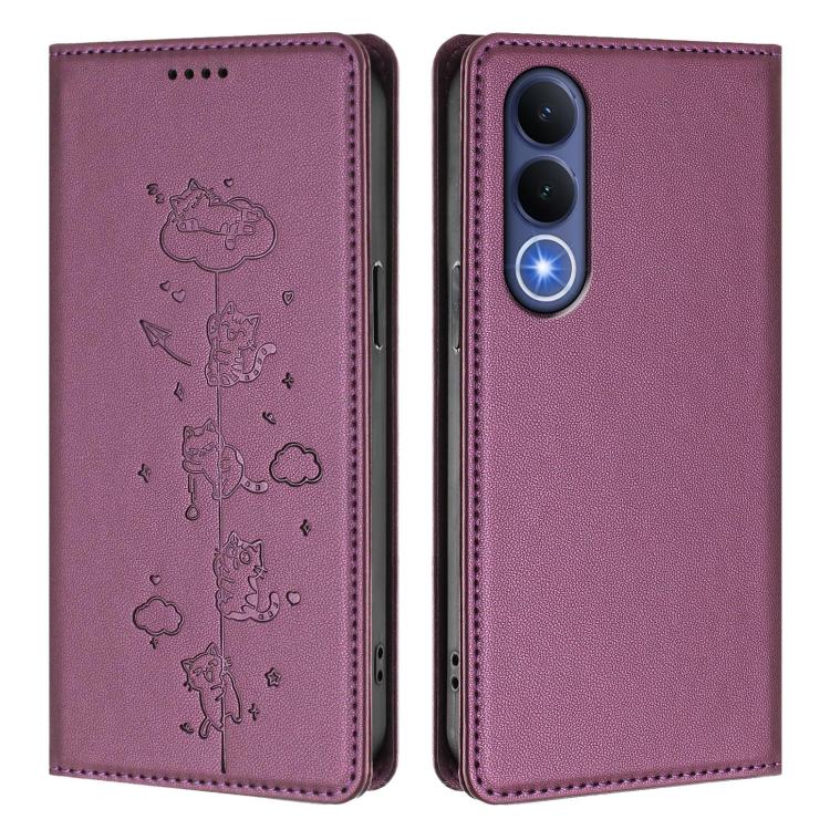 For vivo V70 FE 5G Cute Cats Embossed Magnetic RFID Vegan Leather Phone Case