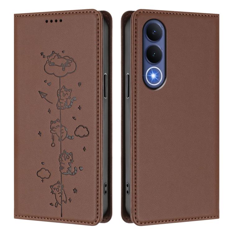 For vivo V70 FE 5G Cute Cats Embossed Magnetic RFID Vegan Leather Phone Case