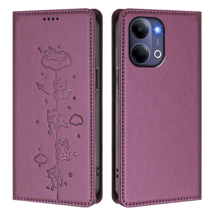 For vivo Y21 5G 2026 / vivo Y05 4G Cute Cats Embossed Magnetic RFID Vegan Leather Phone Case