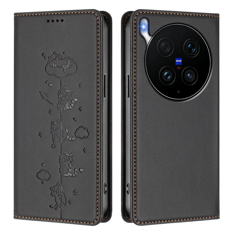 For vivo X300 Ultra Cute Cats Embossed Magnetic RFID Vegan Leather Phone Case