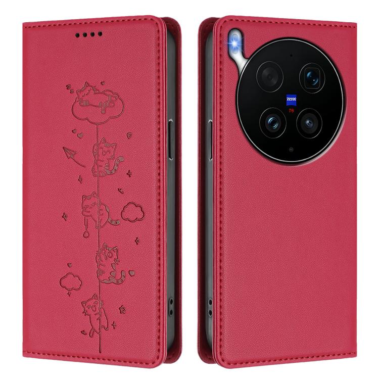 For vivo X300 Ultra Cute Cats Embossed Magnetic RFID Vegan Leather Phone Case