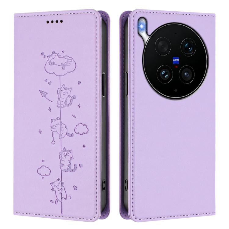 For vivo X300 Ultra Cute Cats Embossed Magnetic RFID Vegan Leather Phone Case