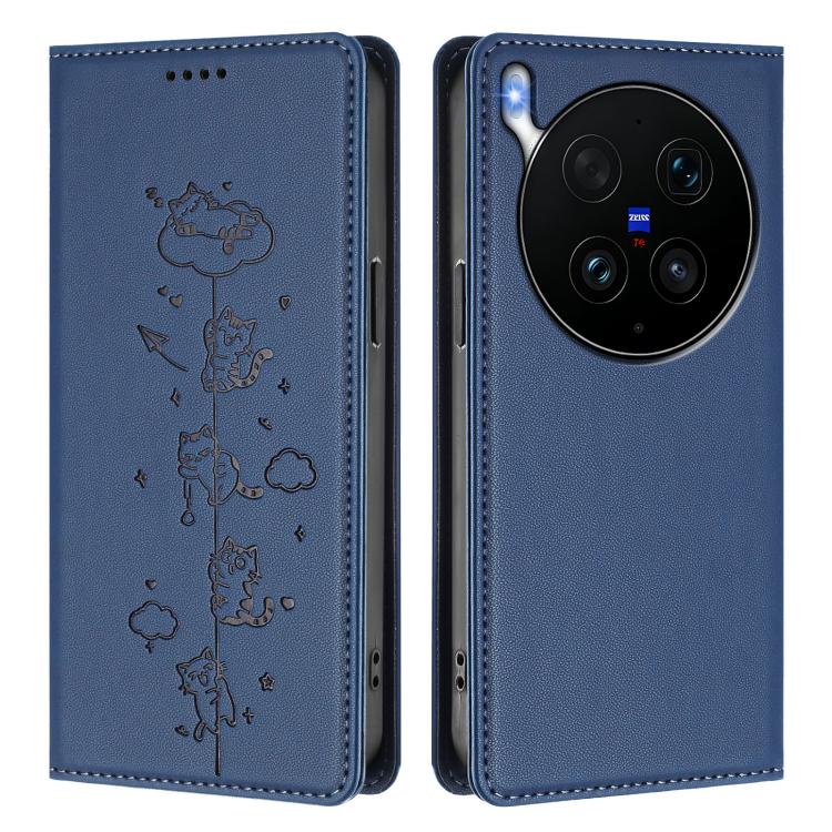 For vivo X300 Ultra Cute Cats Embossed Magnetic RFID Vegan Leather Phone Case