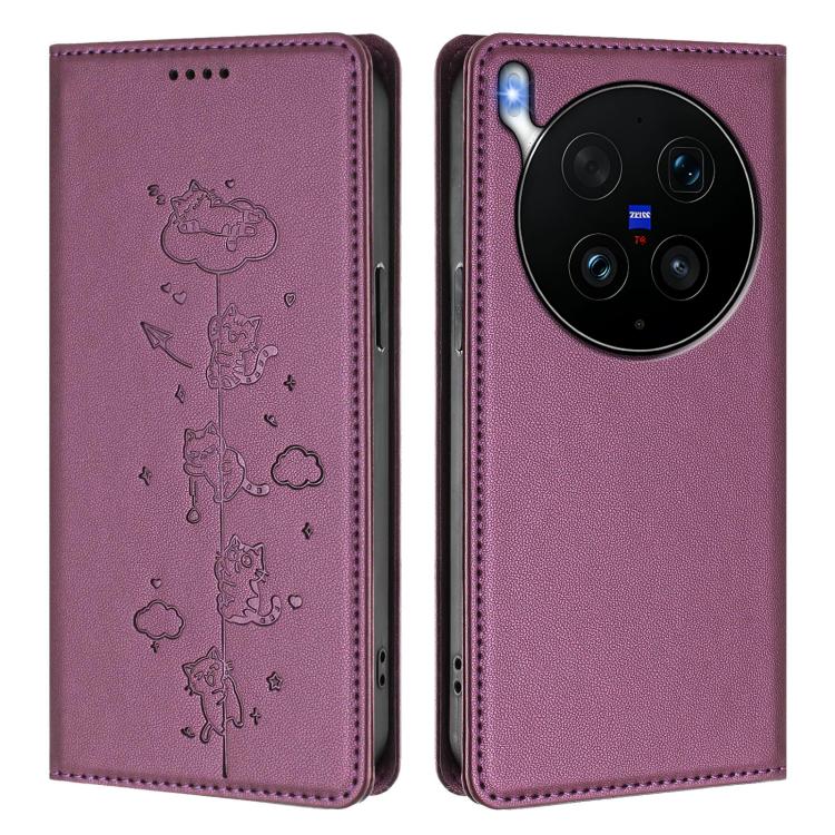 For vivo X300 Ultra Cute Cats Embossed Magnetic RFID Vegan Leather Phone Case