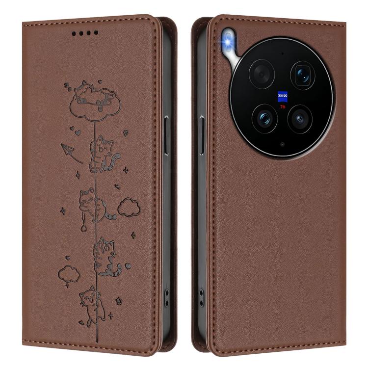 For vivo X300 Ultra Cute Cats Embossed Magnetic RFID Vegan Leather Phone Case