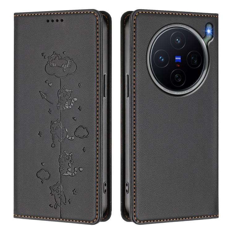 For vivo X300s Cute Cats Embossed Magnetic RFID Vegan Leather Phone Case