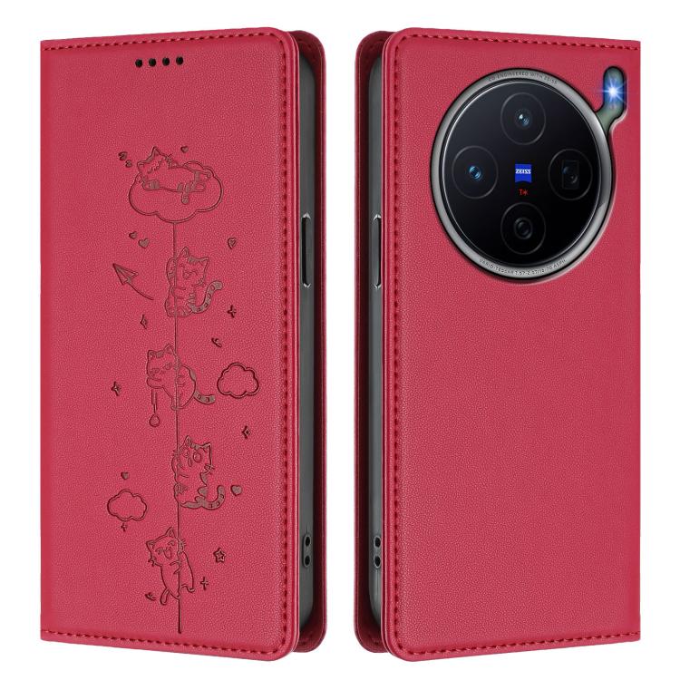 For vivo X300s Cute Cats Embossed Magnetic RFID Vegan Leather Phone Case