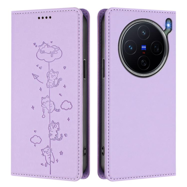 For vivo X300s Cute Cats Embossed Magnetic RFID Vegan Leather Phone Case