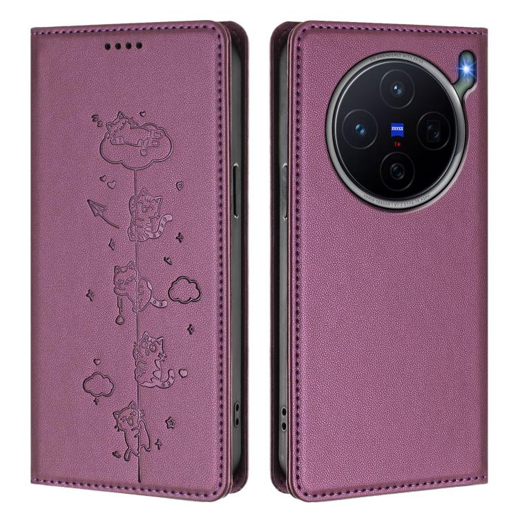 For vivo X300s Cute Cats Embossed Magnetic RFID Vegan Leather Phone Case