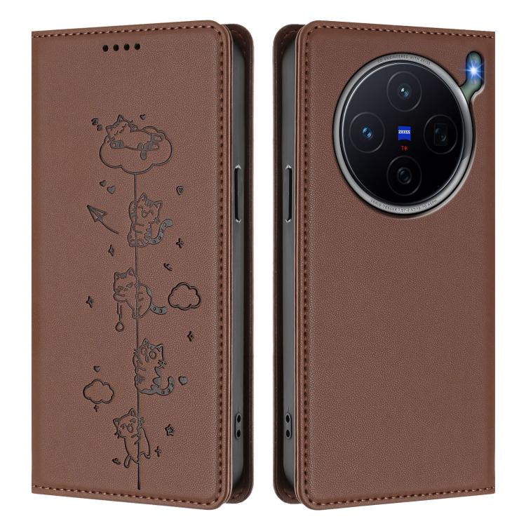 For vivo X300s Cute Cats Embossed Magnetic RFID Vegan Leather Phone Case