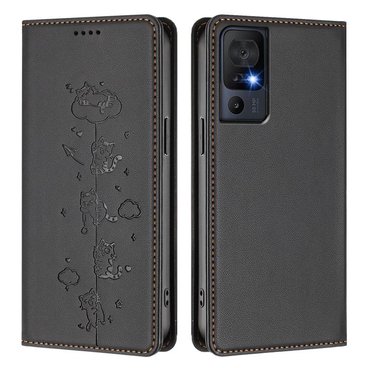 For TCL 40 SE Cute Cats Embossed Magnetic RFID Vegan Leather Phone Case