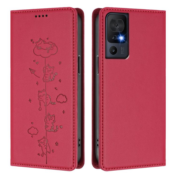 For TCL 40 SE Cute Cats Embossed Magnetic RFID Vegan Leather Phone Case