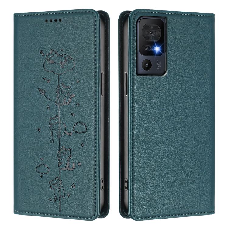 For TCL 40 SE Cute Cats Embossed Magnetic RFID Vegan Leather Phone Case