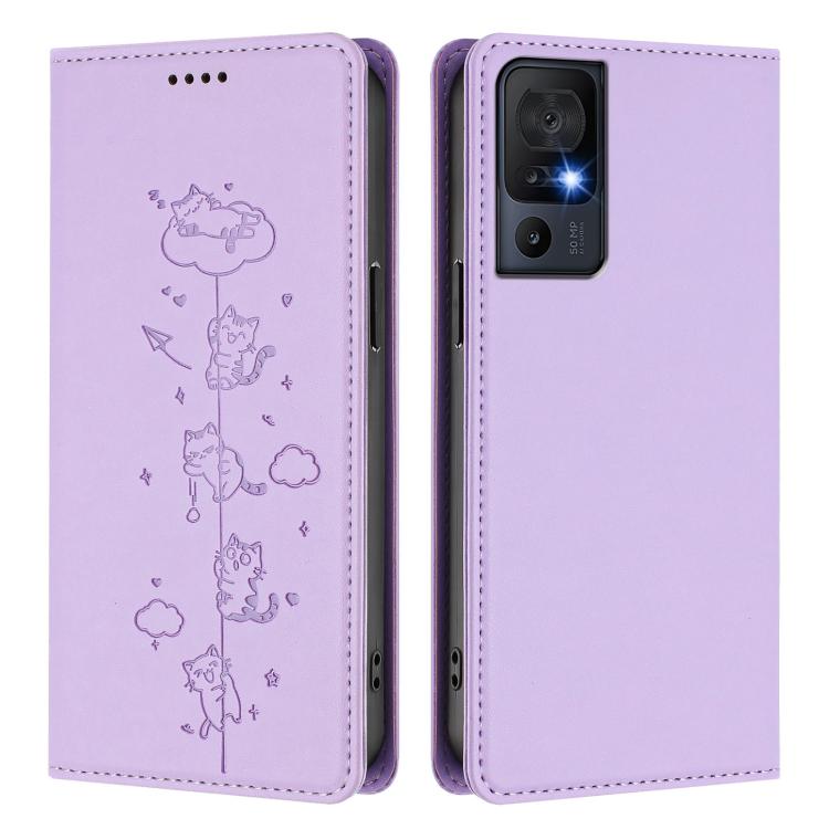 For TCL 40 SE Cute Cats Embossed Magnetic RFID Vegan Leather Phone Case