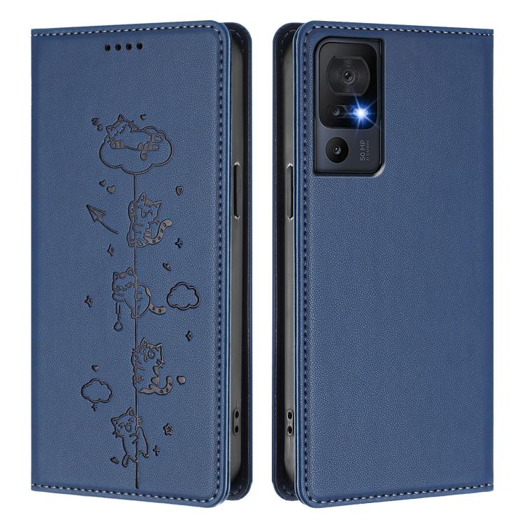 For TCL 40 SE Cute Cats Embossed Magnetic RFID Vegan Leather Phone Case