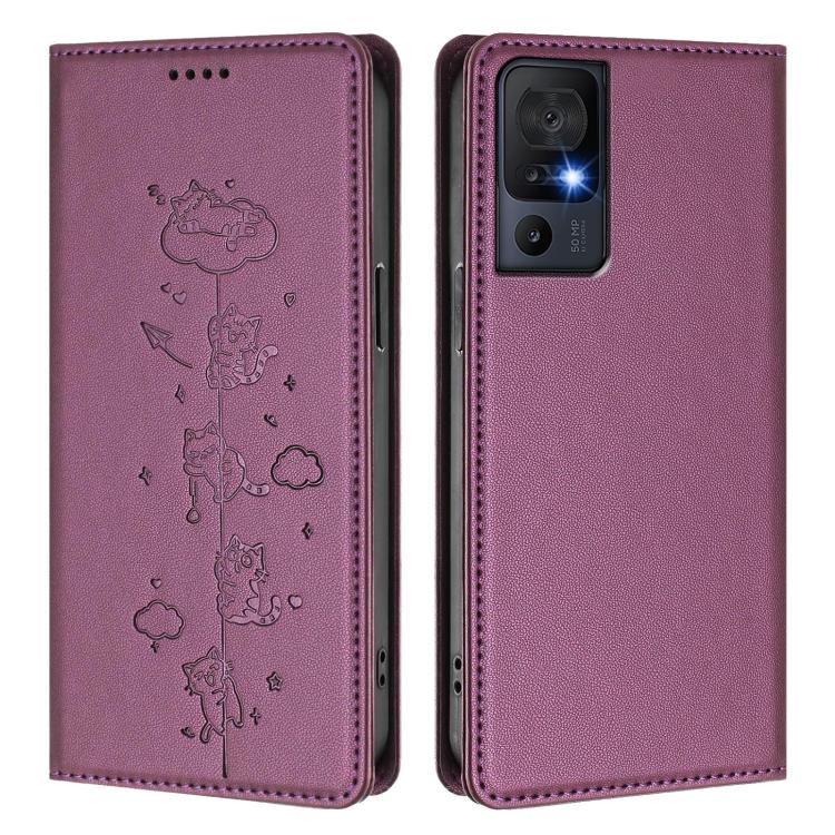For TCL 40 SE Cute Cats Embossed Magnetic RFID Vegan Leather Phone Case