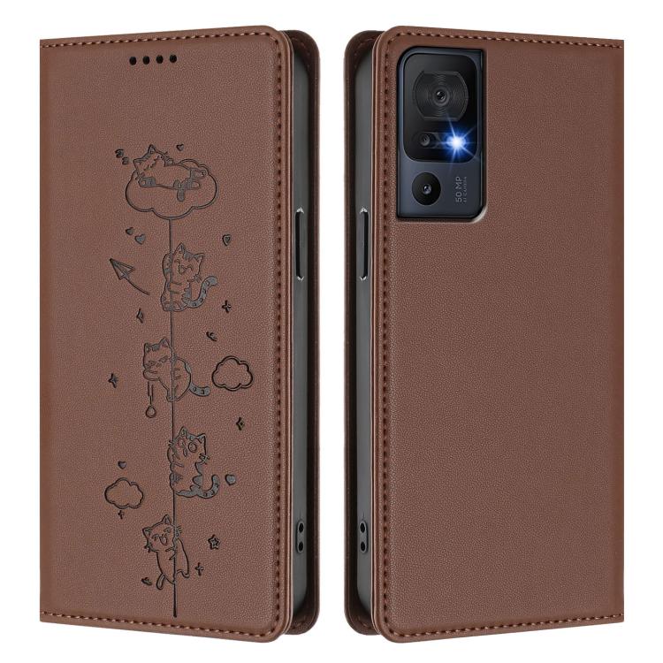 For TCL 40 SE Cute Cats Embossed Magnetic RFID Vegan Leather Phone Case