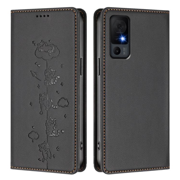 For TCL 40 XL Cute Cats Embossed Magnetic RFID Vegan Leather Phone Case
