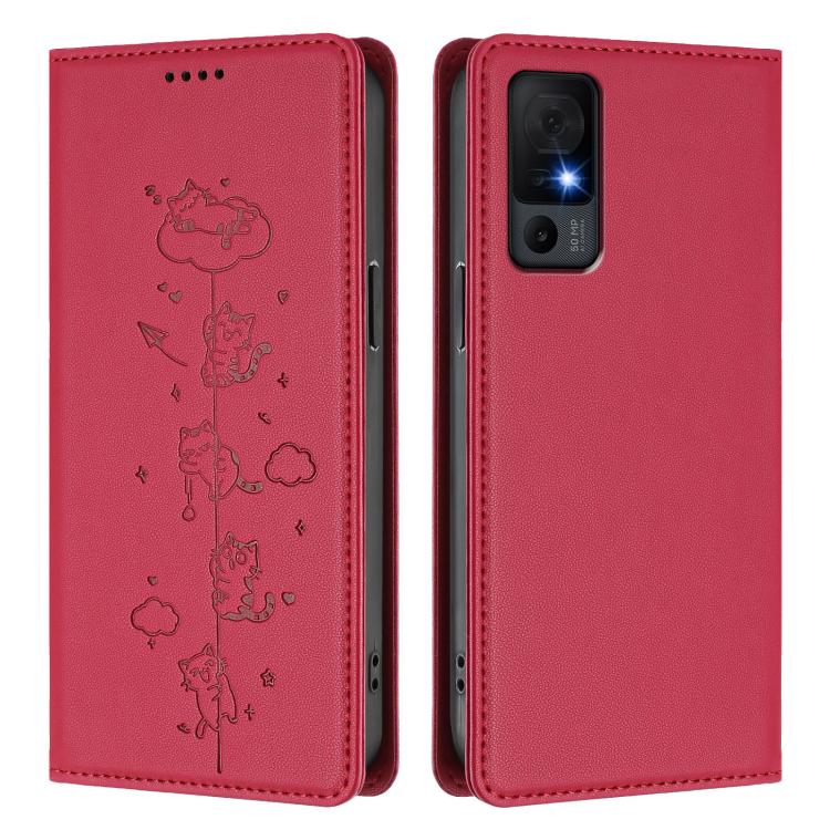 For TCL 40 XL Cute Cats Embossed Magnetic RFID Vegan Leather Phone Case