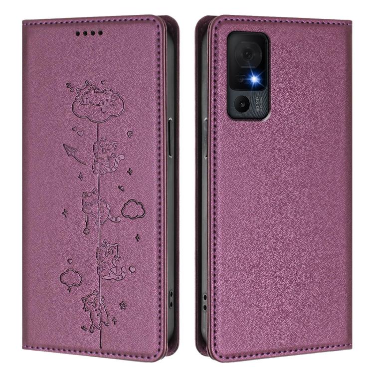 For TCL 40 XL Cute Cats Embossed Magnetic RFID Vegan Leather Phone Case