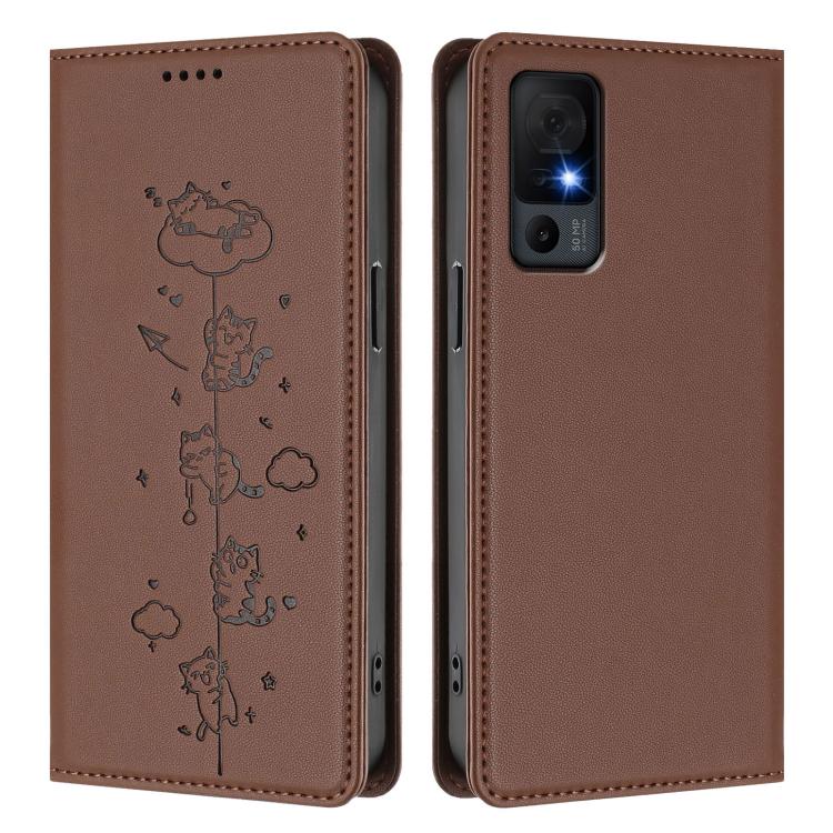 For TCL 40 XL Cute Cats Embossed Magnetic RFID Vegan Leather Phone Case