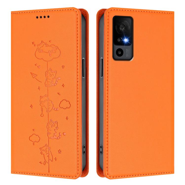 For TCL 40R 5G Cute Cats Embossed Magnetic RFID Vegan Leather Phone Case