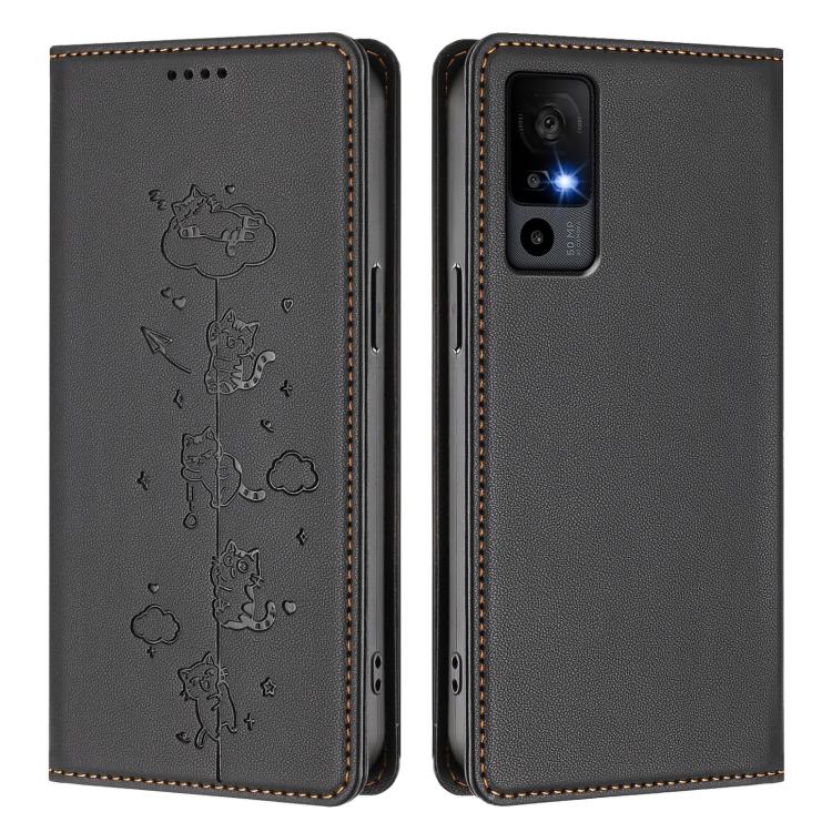 For TCL 40R 5G Cute Cats Embossed Magnetic RFID Vegan Leather Phone Case