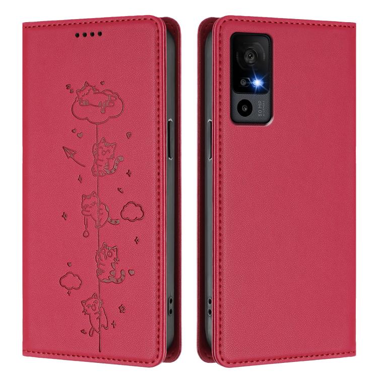 For TCL 40R 5G Cute Cats Embossed Magnetic RFID Vegan Leather Phone Case