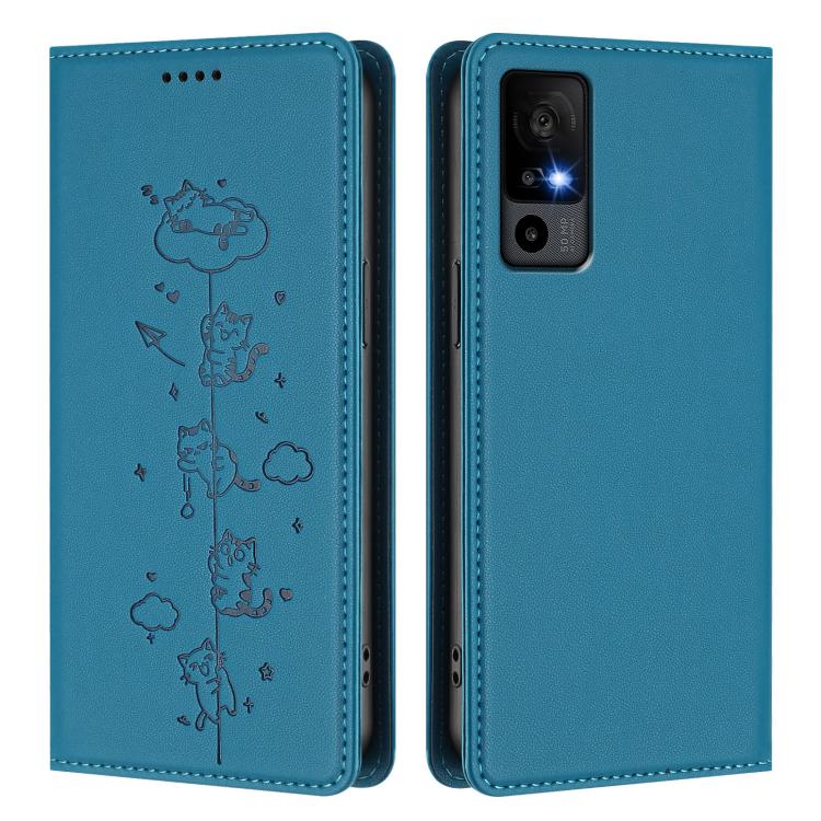For TCL 40R 5G Cute Cats Embossed Magnetic RFID Vegan Leather Phone Case