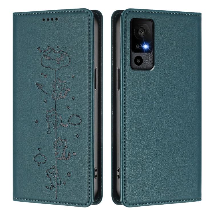 For TCL 40R 5G Cute Cats Embossed Magnetic RFID Vegan Leather Phone Case