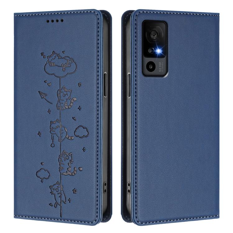 For TCL 40R 5G Cute Cats Embossed Magnetic RFID Vegan Leather Phone Case