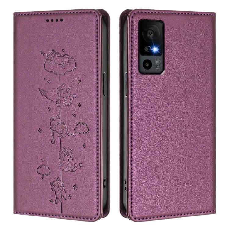 For TCL 40R 5G Cute Cats Embossed Magnetic RFID Vegan Leather Phone Case