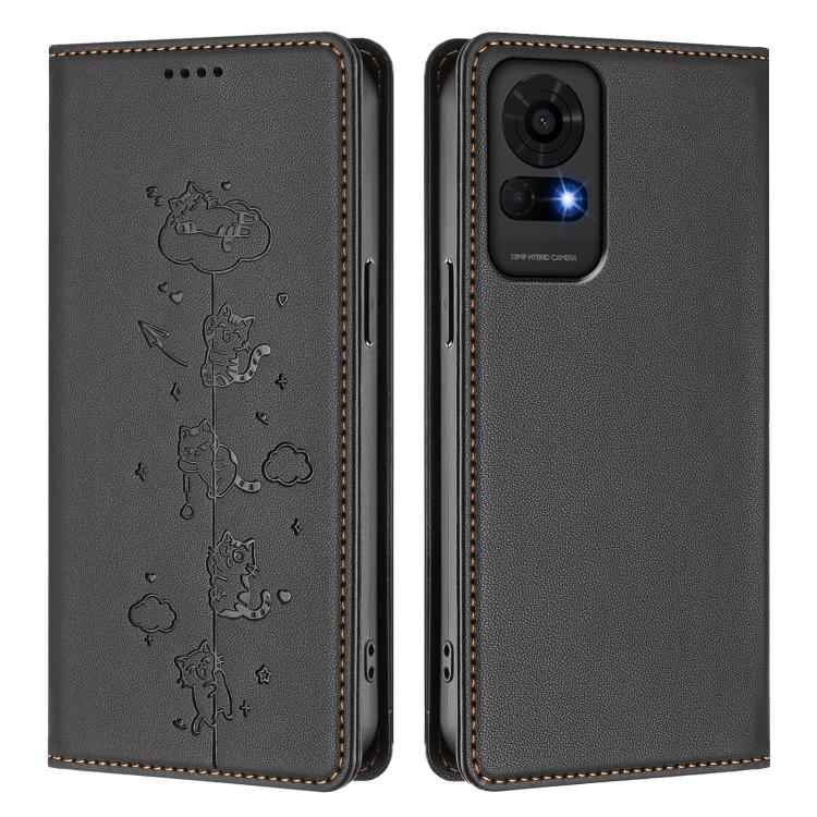 For TCL 50 LE / TCL K23 / TCL K24 Cute Cats Embossed Magnetic RFID Vegan Leather Phone Case