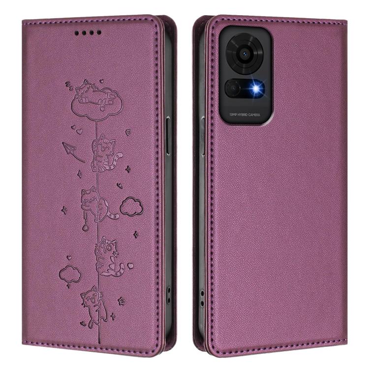 For TCL 50 LE / TCL K23 / TCL K24 Cute Cats Embossed Magnetic RFID Vegan Leather Phone Case