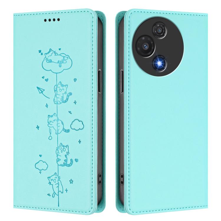 For TCL 60 5G Cute Cats Embossed Magnetic RFID Vegan Leather Phone Case