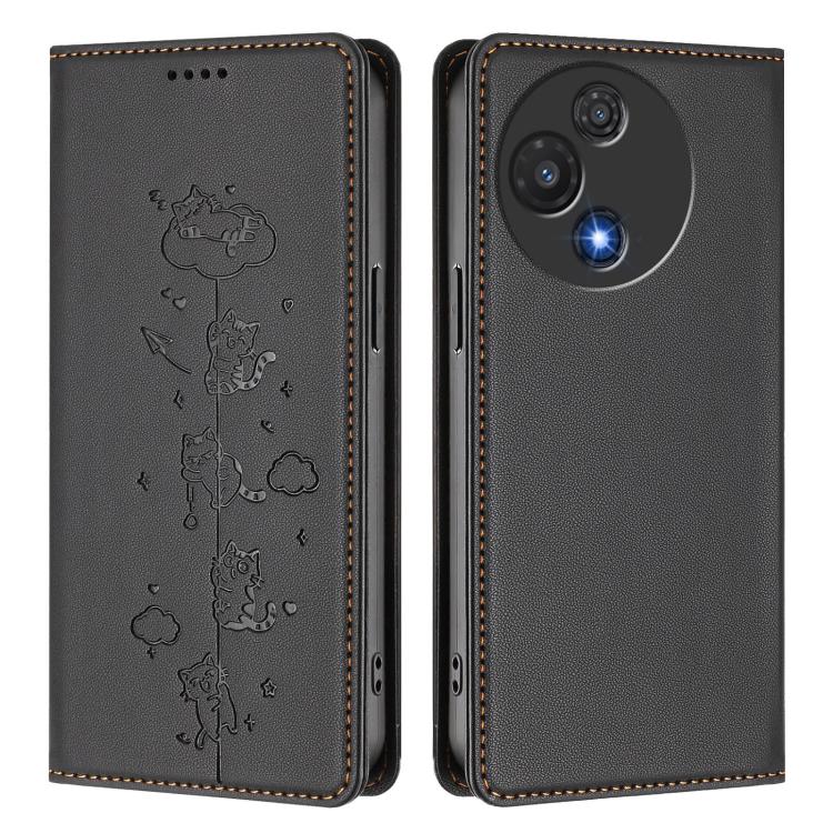For TCL 60 5G Cute Cats Embossed Magnetic RFID Vegan Leather Phone Case