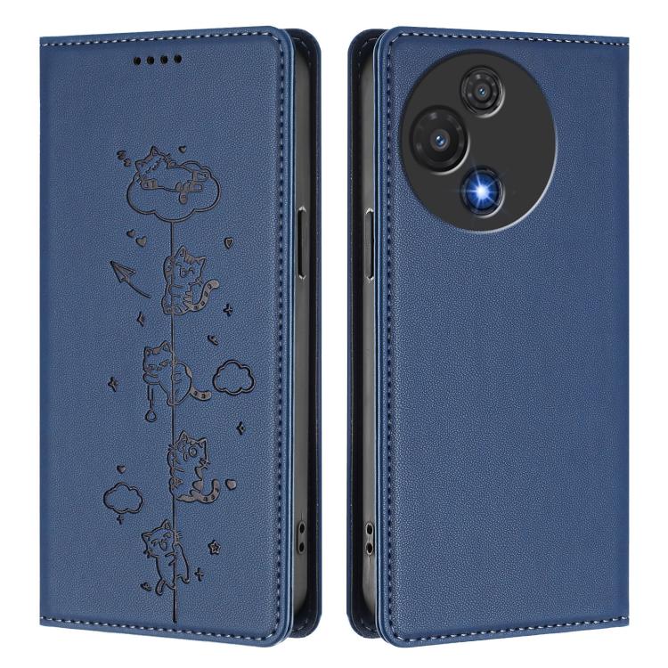 For TCL 60 5G Cute Cats Embossed Magnetic RFID Vegan Leather Phone Case