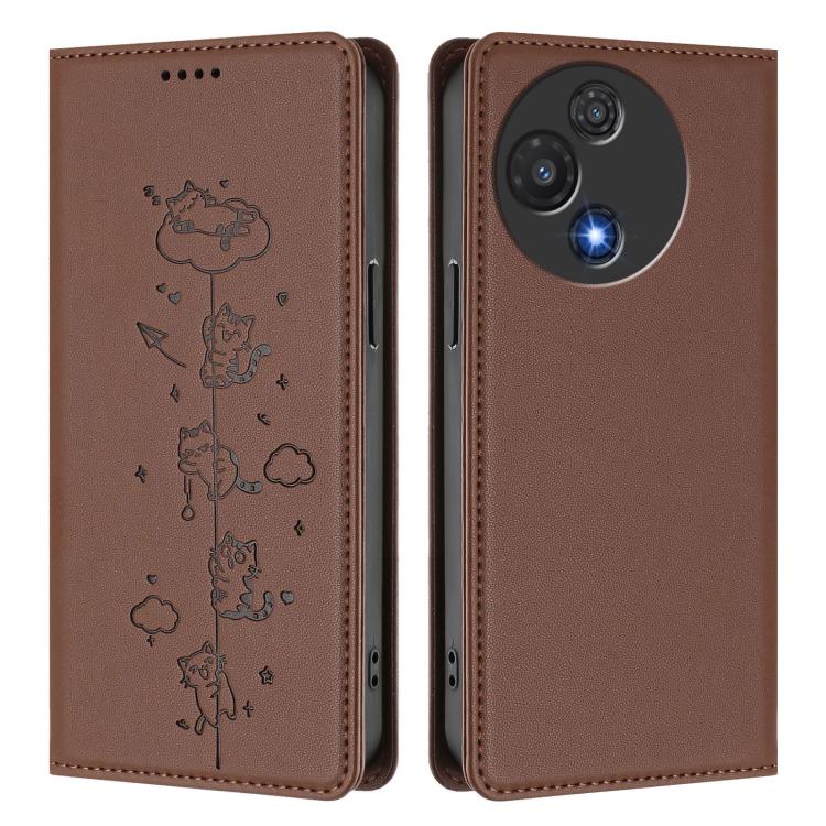 For TCL 60 5G Cute Cats Embossed Magnetic RFID Vegan Leather Phone Case