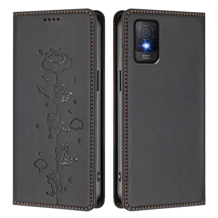 For TCL 403 Cute Cats Embossed Magnetic RFID Vegan Leather Phone Case