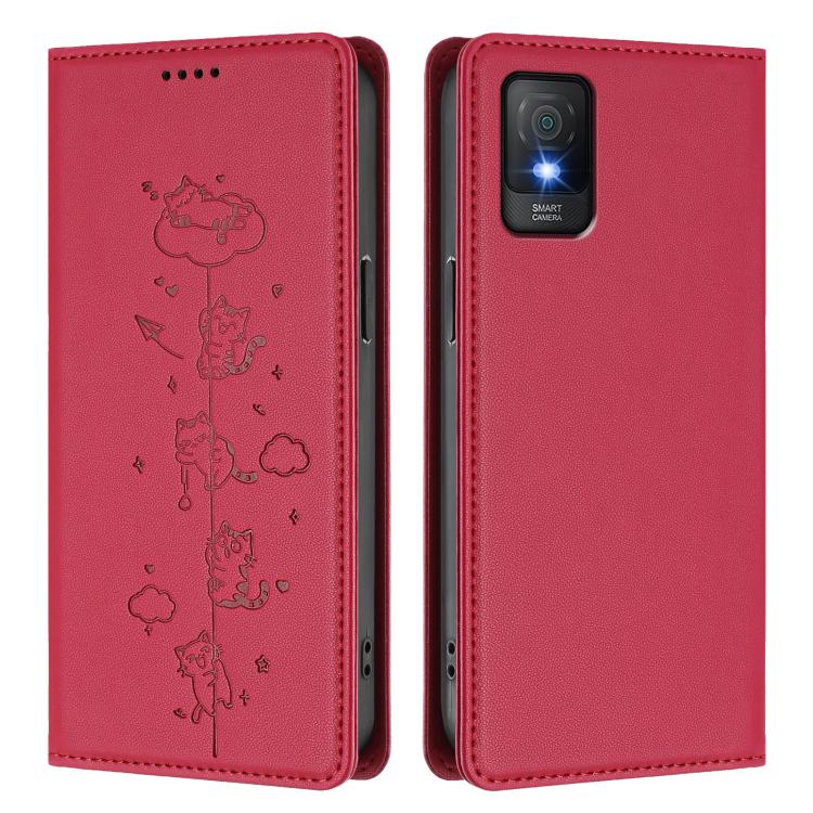 For TCL 403 Cute Cats Embossed Magnetic RFID Vegan Leather Phone Case