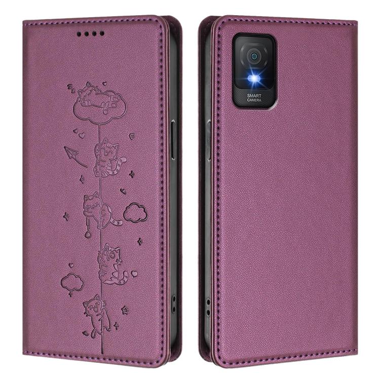 For TCL 403 Cute Cats Embossed Magnetic RFID Vegan Leather Phone Case