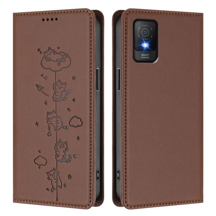 For TCL 403 Cute Cats Embossed Magnetic RFID Vegan Leather Phone Case