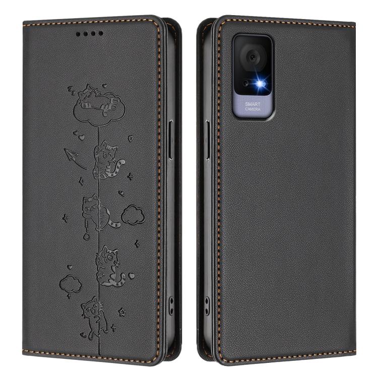 For TCL 406 / 406s / 408 Cute Cats Embossed Magnetic RFID Vegan Leather Phone Case